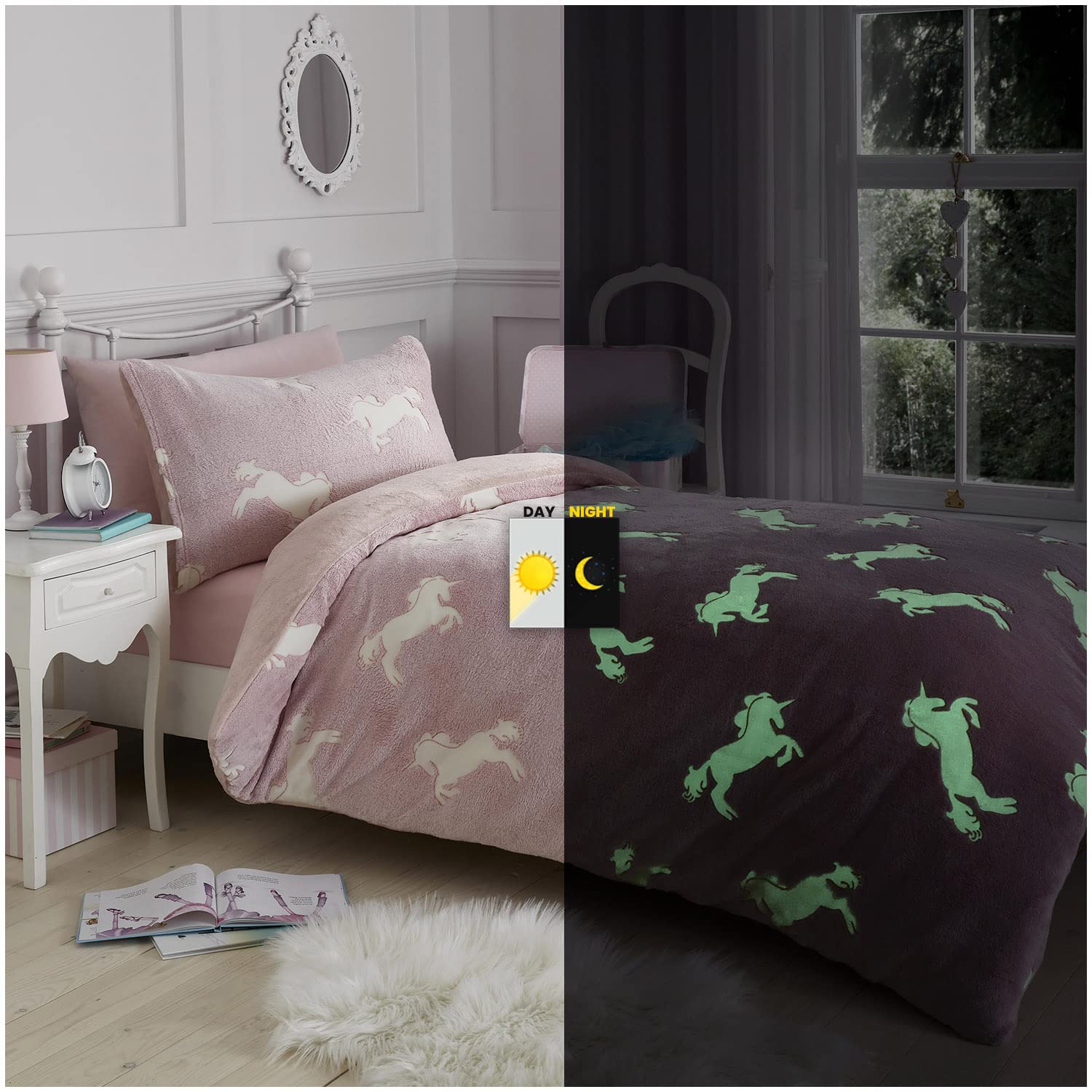 GC GAVENO CAVAILIA Teddy Duvet Cover, Super Soft Snuggle Fluffy Fleece Quilt Bedding Set, Polyester, Glow in Dark Unicorn, Single
