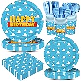 168pcs Cartoon Story Plates Napkins Birthday Party Decorations Disposable Paper Cups Blue Forks Tableware Set Blue Sky White Cloud Party Supplies for Boy kids Birthday Decor Serves 24