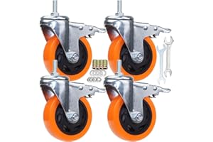 AOCHENLY Heavy Duty Stem Caster Wheels M10-1.5X25mm Dual Locking No Noise PVC Threaded Stem Caster Wheels Pack of 4 for Workbench, Dolly, Furniture (4 Inch, Orange)