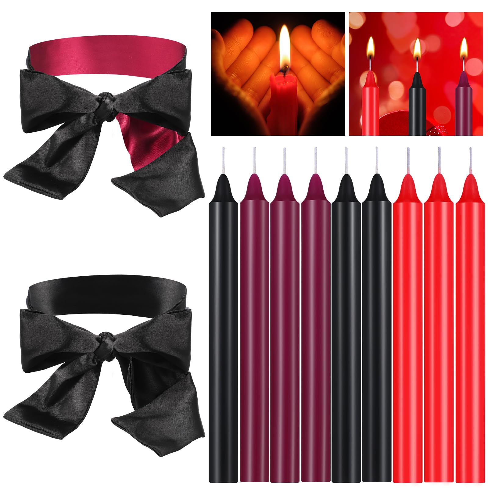 Photo 1 of 11 Pieces Low Temperature Candles Wax Play Silk Blindfold Satin Eye Mask Romantic Long Thin Drip Candles Silk Blindfolds