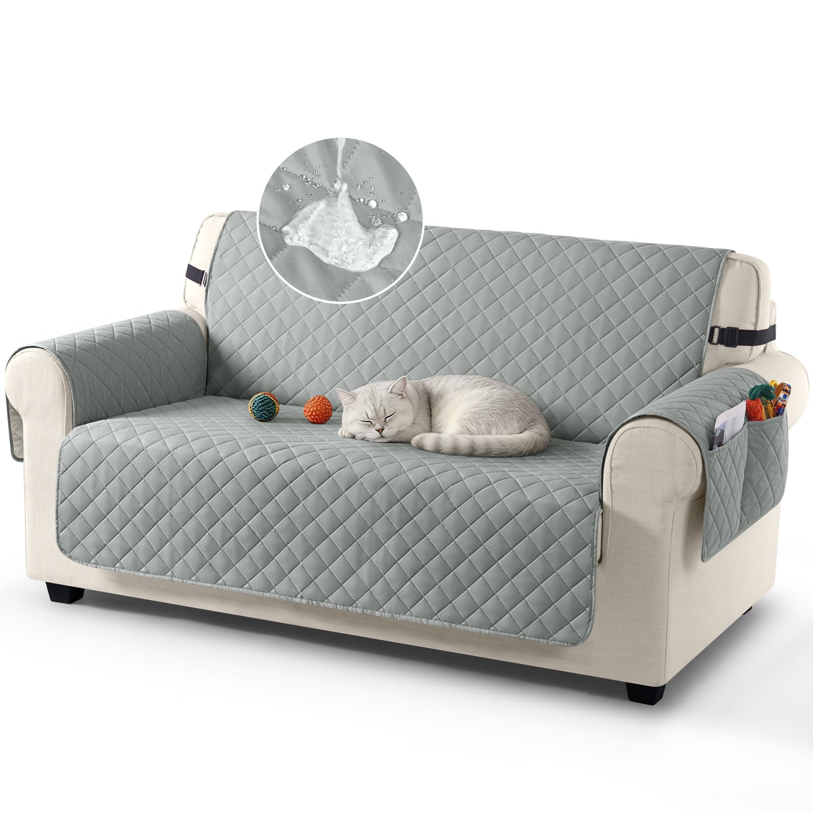 TAOCOCO Sofa Covers 100% Waterproof Sofa Slipcovers 2 Seater,Couch Covers with Storage Pockets,Anti Slip Settee Covers,Washable Sofa Protector for Kids/Dogs/Pets(Grey)