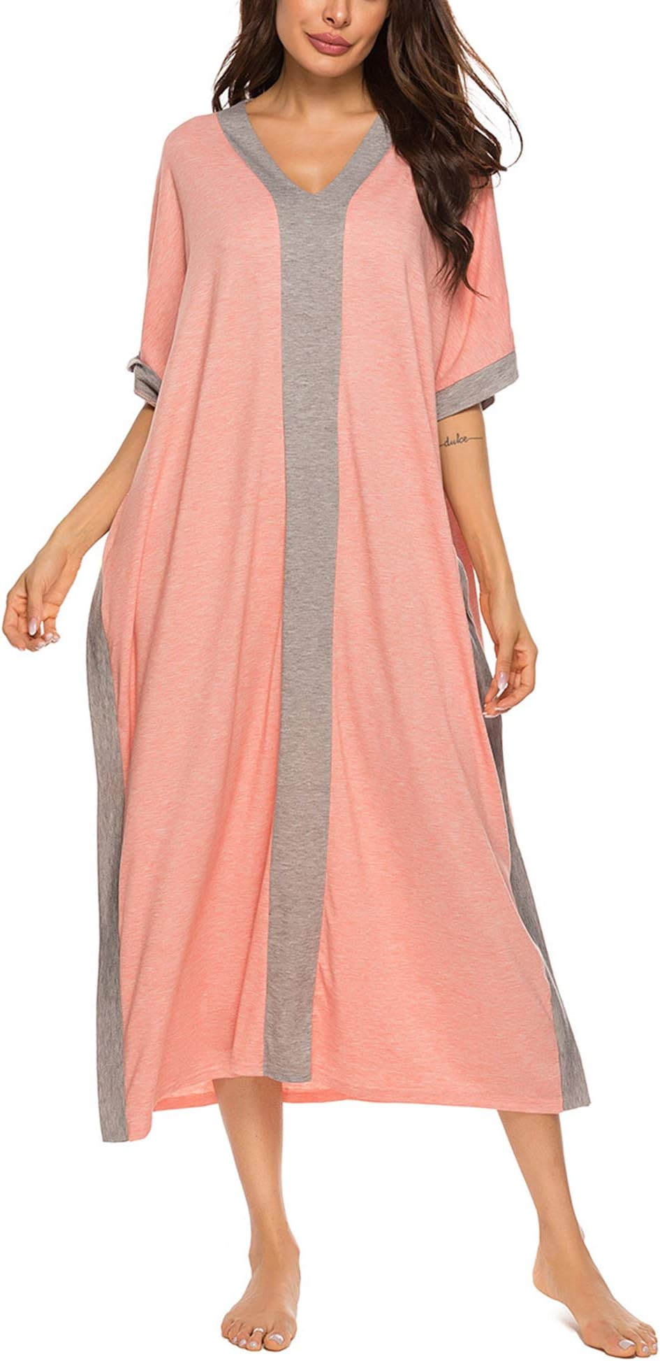 Bloggerlove Nightgowns Kaftan Dresses For Women House Dresses Maxi Caftan Loungewear V Neck Sleep Shirt Cotton Sleepwear