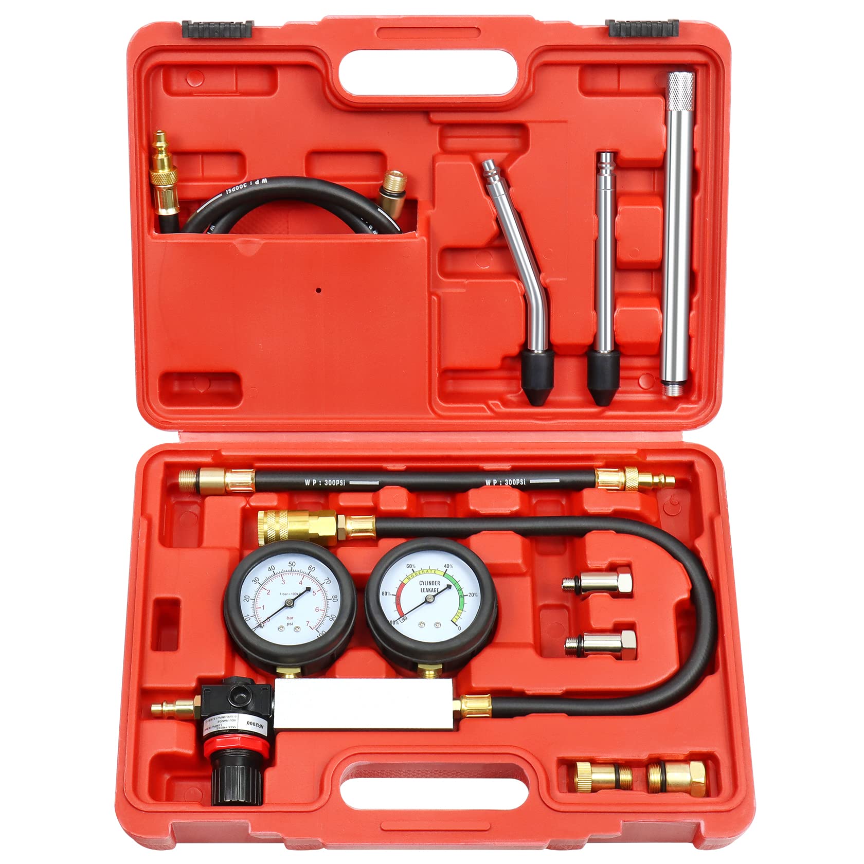 Photo 1 of YSTOOL Cylinder Leak Down Tester Automotive Kit Gasoline Engine Compression Dual Gauge Leakdown Detector Tool Set for Pressure Check & Leakage Rate Test with Extension Rod Red