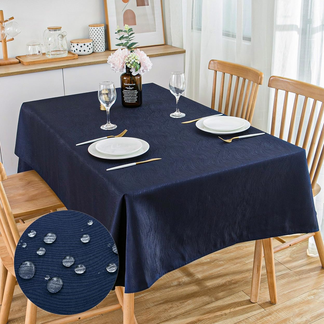 SPRICA Jacquard Tablecloth Water Resistance Solid Colour Heavy Weight Soft Table Cover, Machine Washable, Rectangle 180x140cm, Navy Blue