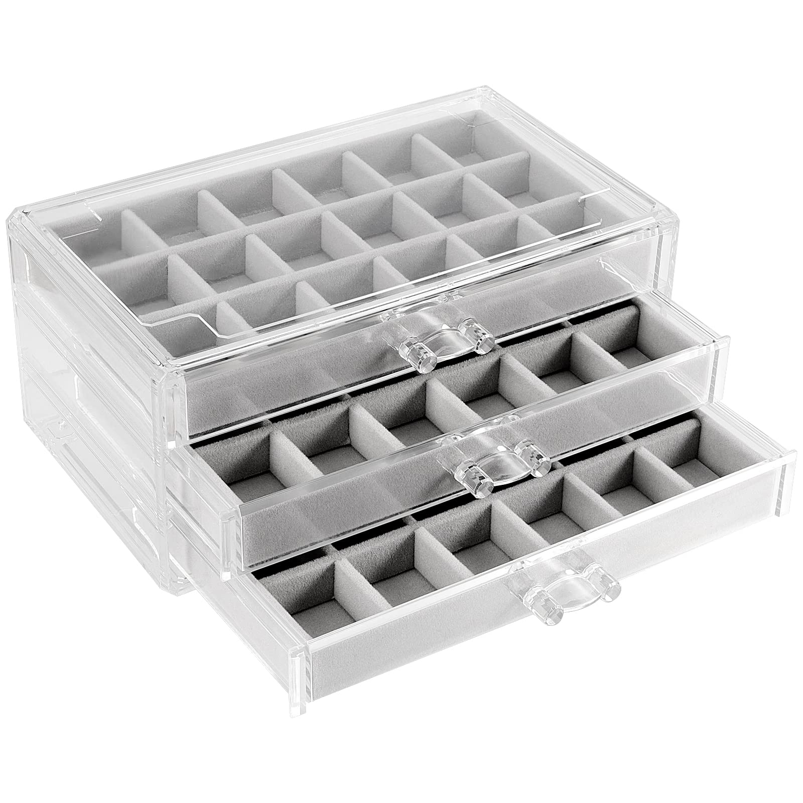 ZEONHEI 3 Drawers Clear Acrylic Jewellery Storage Organiser Box, Velvet Drawer Jewellery Organiser Box Earring Display Case for Women Ladies Girls Gift, 9.2 x 5.3 x 4.2 Inch