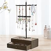Meangood Jewelry Organizer Stand, 3-Tier Necklace Holder Jewelry Tree with Wooden Storage Drawer Box for Necklace Bracelet Earring Ring, Carbonized Black