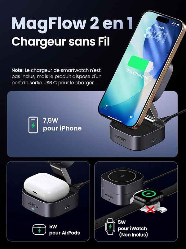 Zapix Chargeur Induction 2 en 1 Qi Certifié MagSafe Rapide