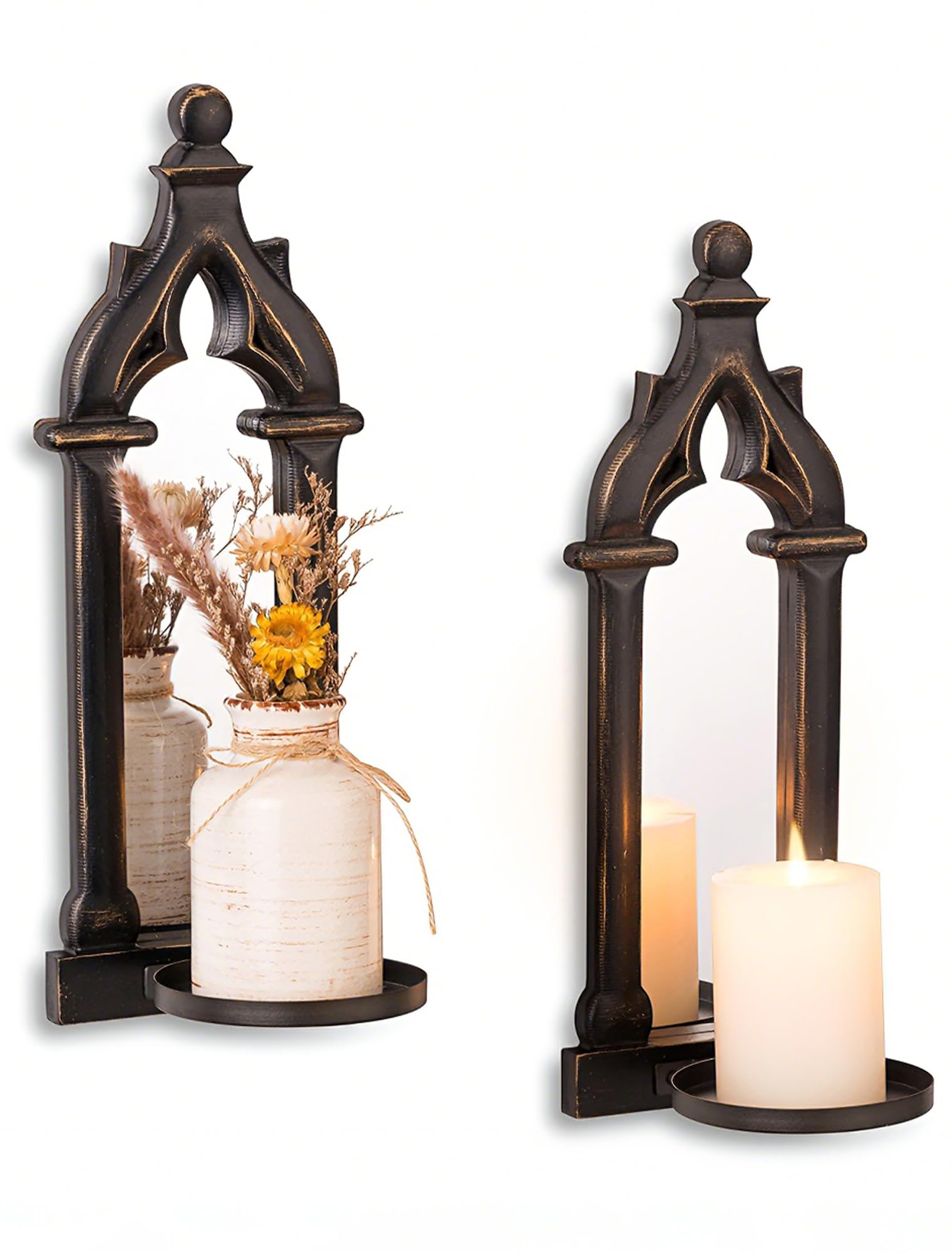 Wall Candle Holders Vintage Black - Walasis Wall Candle Sconces Mounted Set of 2 Gothic Decor Wooden Mirror decoration for Living Room Bathroom