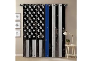 THREE SUNFLOWER Police Curtain, Rustic Thin Blue Line US Flag Curtain for Bedroom, Room Darkening Blackout Curtain for Living Room Thermal Insulated with Grommet Window Curtain, 52 by 36 Inch