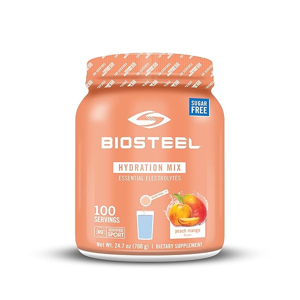 BIOSTEEL ZERO SUGAR HYDRATION MIX, GREAT TASTING HYDRATION WITH 5 ESSENTIAL ELECTROLYTES, PEACH MANGO FLAVOR, 100 SERVINGS PER TUB