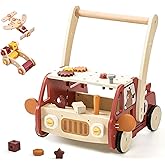 IEATFO 3-in-1 Wooden Baby Walker Adjustable Height with Tool Bench and Toy Storage Wagon - Multifunctional Toddler Push Walker Ergonomically Designed for Natural Walking - 3+ Years of Continuous Use