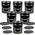 ATERET 5 Gallon Black Metal Bucket & Lever Lock Pail Lid - 6 Pack - Heavy Duty Durable Pails and Lids for Outdoor and Household Use