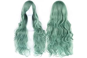 IMISSU 80cm Long Curly Natural Hair Cosplay Wig with Bangs Colorful Halloween Costume Party Wigs for Women (Light Green)