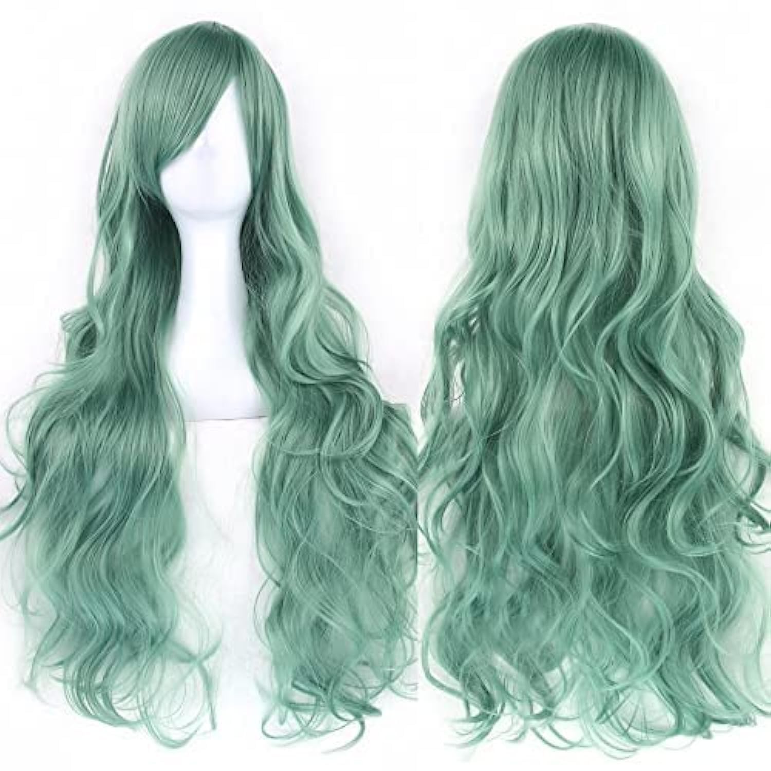 IMISSU 80cm Long Curly Natural Hair Cosplay Wig with Bangs Colorful Halloween Costume Party Wigs for Women (Light Green)
