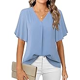 Timeson Womens Blouses for Work Professional: Summer - Short Sleeve Blouses for Women - Women's Business Attire Office Shirts Chiffon Tunics Tops Ladies V Neck Dressy Casual Clothes Blue Gray