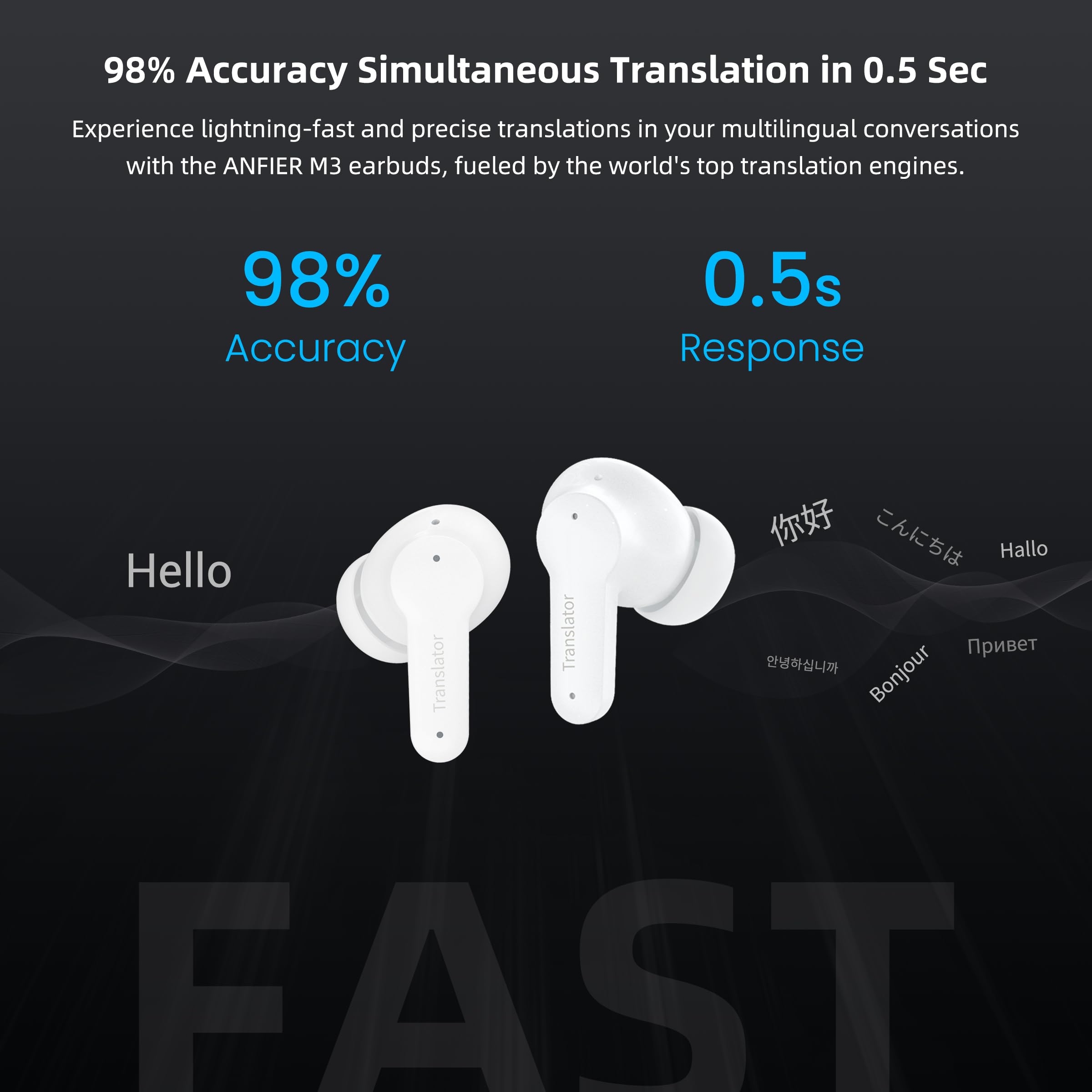 ANFIER M3 Offline AI Translator Earbuds Support 144 Languages & Accents Translation Two-Way Translation Translator Device AI Translation Earbuds Real Time No Subscription Required