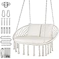 ZENPETIO Double Macrame Swing Chair, Large Hanging Swing Chair with 3 Cushions & Mounting Hardware, Handwoven Swing for Bedroom, Patio, Living Room etc. Indoor/Outdoor Relax, Max 700 Lbs, Beige