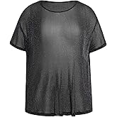 WDIRARA Women's Plus Size Y2K Drop Shoulder See Through Round Neck Short Sleeve Loose Mesh Dress