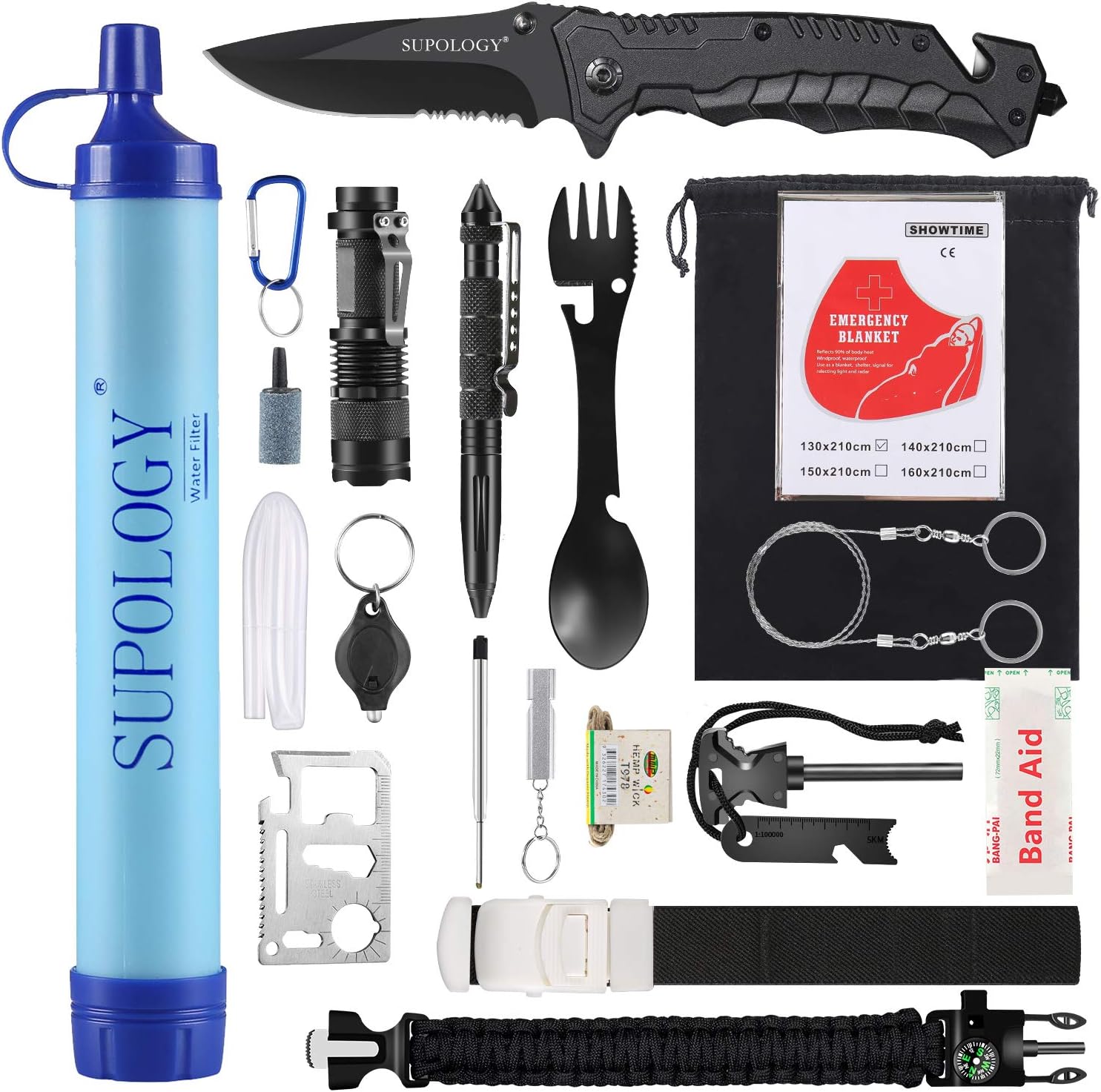 SUPOLOGY Emergency Kits Gear, 23-in-1 Outdoor Equipments Tools Kits with Water Filter for Camping, Hiking, Adventures, Backpack, Fishing, Hurricane, Gifts for Men Boy Teenage: Sports & Outdoors