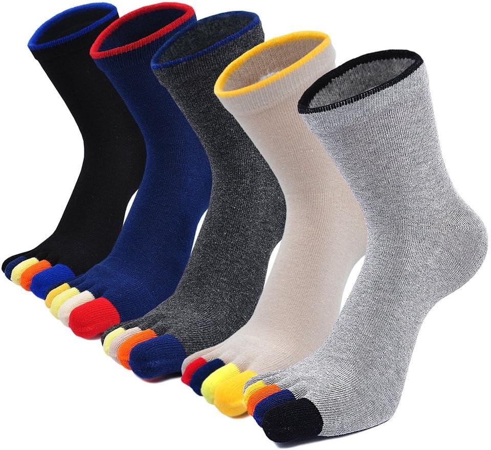 Mens Cotton Toe Socks Five Finger Running Socks Crew Sports Socks Soft Breathable Trendy Athletic Trainer Socks Size 6-10/11-14, 5 pairs