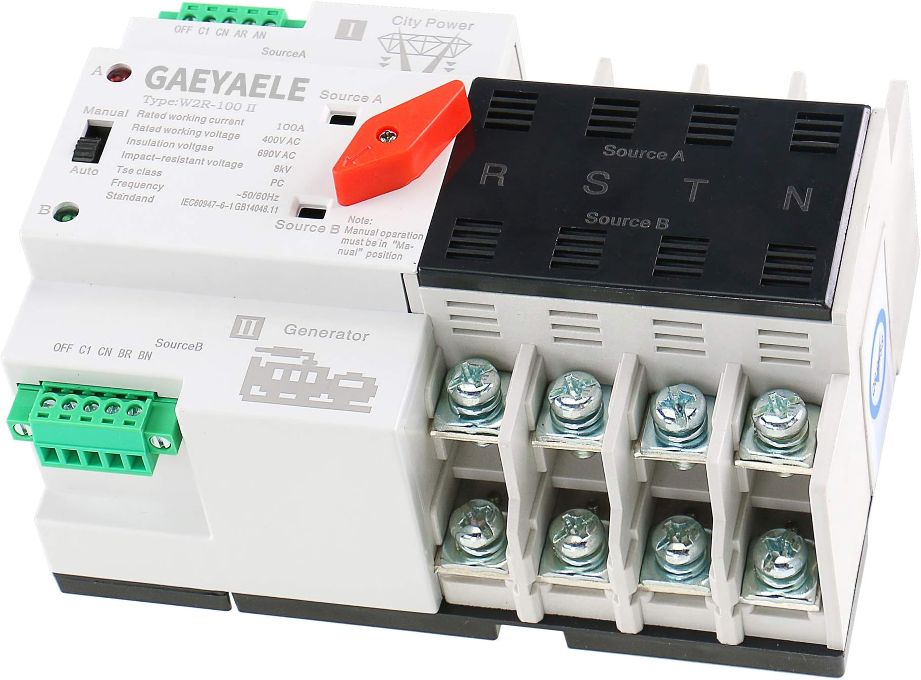 GAEYAELE W2R Mini ATS 4P Automatic Transfer Switch Controller Electrical Type ATS Max 100A 4POLE (W2R-4P 100A)