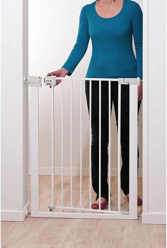 Portão de segurança metálico extra alto Easy Close 91 cm de altura, porta infantil, escadas, portas e compartimentos com dimensões 73-80 cm, porta interior para cães, metal branco