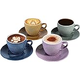 Yundu 8 oz Ceramics Cup & Saucer Sets of 4, Cappuccino Cup, Espresso Cups, Tea Cups and Saucers, Perfect for Coffee or Matcha and Latte (Set of 4 colors)