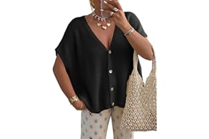 Saodimallsu Womens Fall Oversized Cardigans Batwing Short Sleeve Lightweight Button V Neck Casual Knit Sweater Tops