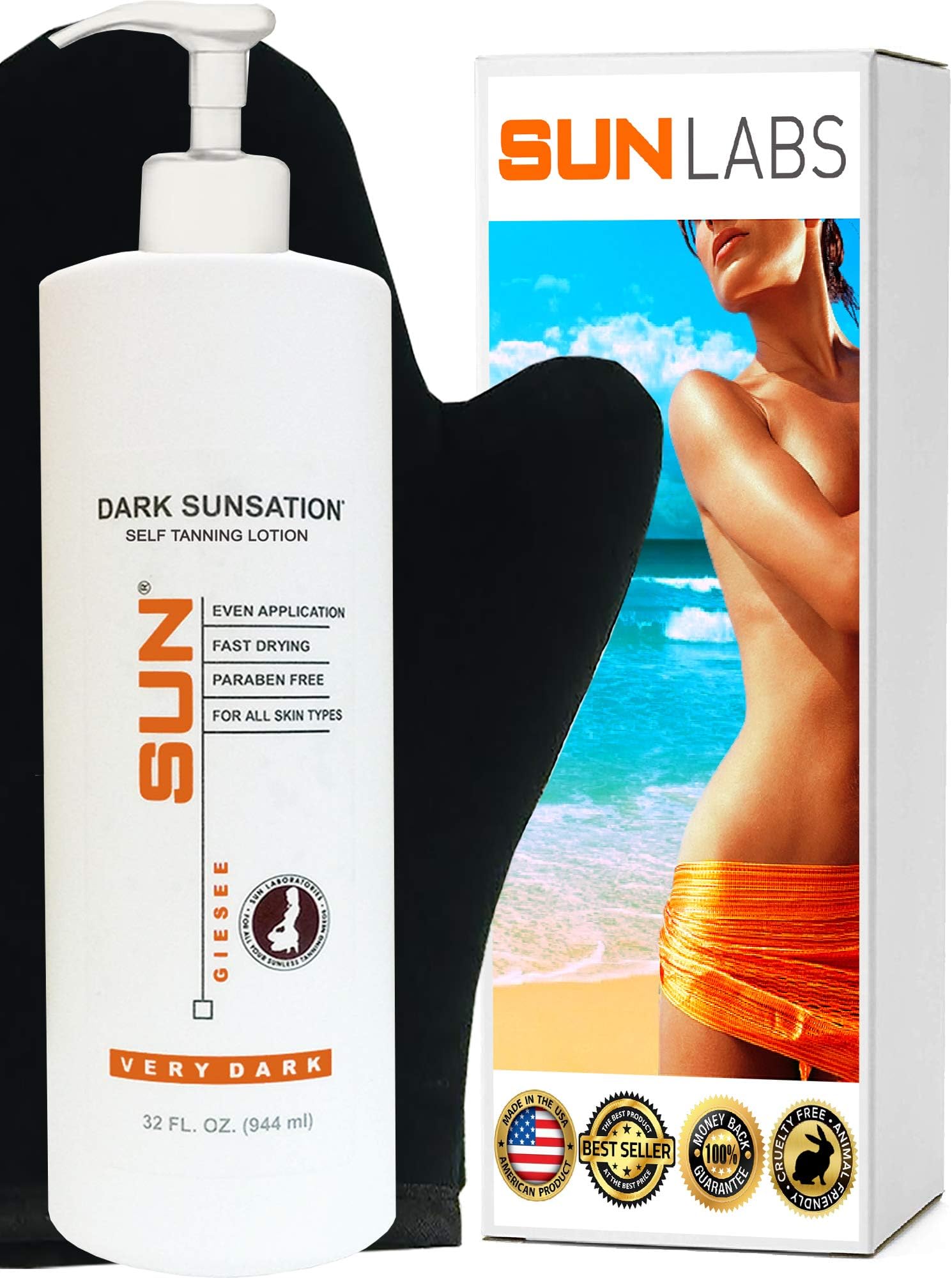 Sun Laboratories by GieseeDark Sunsation Self Tanner 32 oz with Tanning Mitt - Organic Self Tanning Lotion, Pregnancy Safe, Instant Waterproof Sunless Tanner for Medium to Very Dark Tone