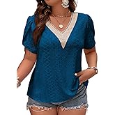 Eytino Womens Plus Size Tops Lace V Neck Petal Short Sleeve Blouse Eyelet Hollow Dressy Casual T Shirts(1X-5X)