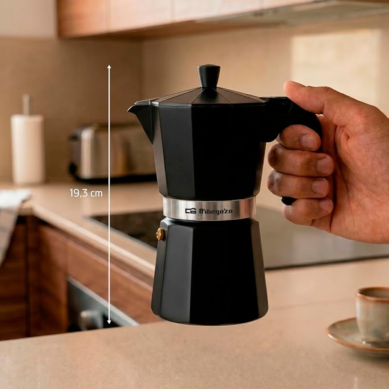 Orbegozo KFN 610 - Cafeteira italiana de alumínio, capacidade para 6 xícaras, punho ergonômico, válvula de segurança, filtro removível, cor preta