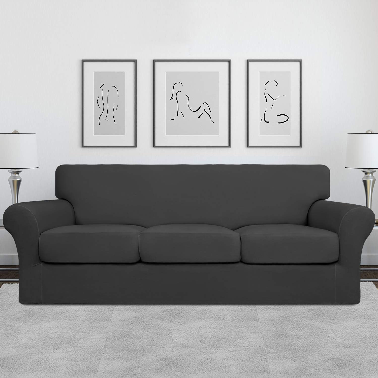 Easy-Going 4 Pieces Stretch Soft Couch Cover for Dogs - Washable Sofa Slipcover for 3 Separate Cushion Couch - Elastic Furniture Protector for Pets, Kids (Sofa, Dark Gray): Furniture & Decor
