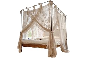 Bed Canopy, 4 Corner Post Canopy Bed Curtains, Romantic Lace Mosquito Net for 1.5m/4.92ft Beds, Beige (Frame Not Included)