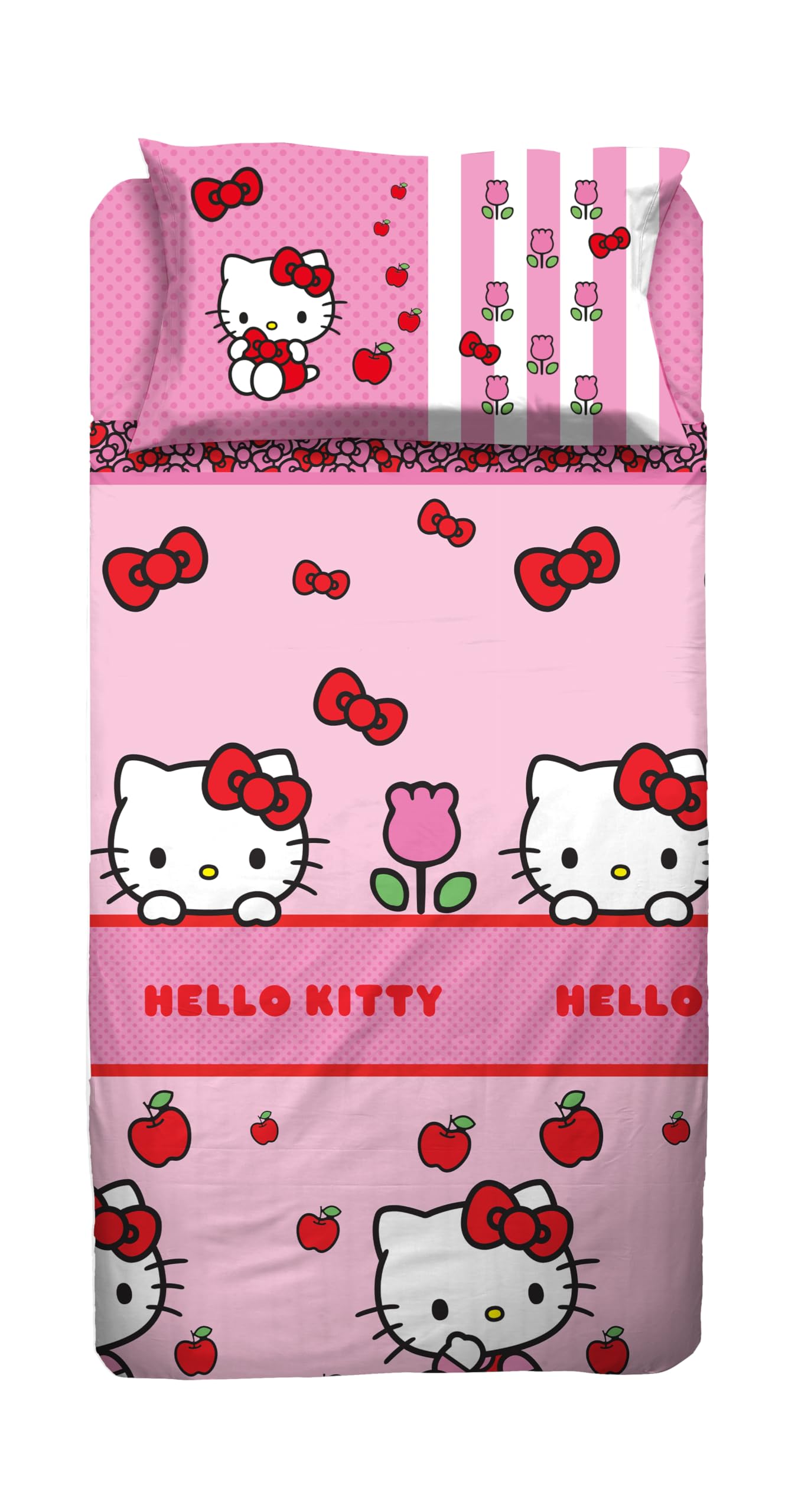 hermet Hello Kitty Single Bed Sheet Set, Single Bed Set, Top Sheet, Fitted Sheet, Pillowcase, Pink, 100% Cotton, Official Product