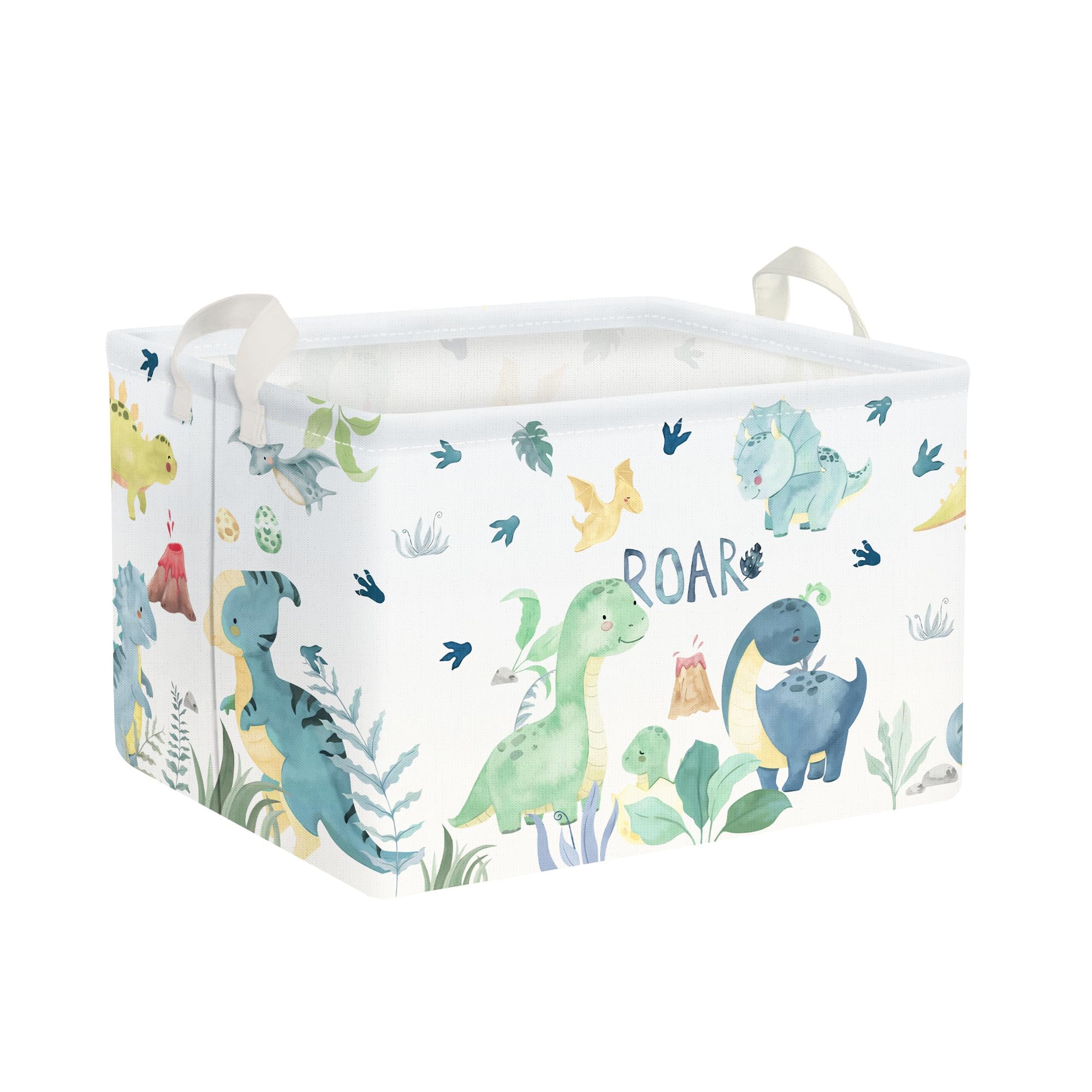 Photo 1 of Clastyle Adorable Watercolors Green Dinosaur Shelf Basket Volcano Palm Leaf Collapsible Storage Bin Rectangle Clothes Books Toy Storage Cube, 21L