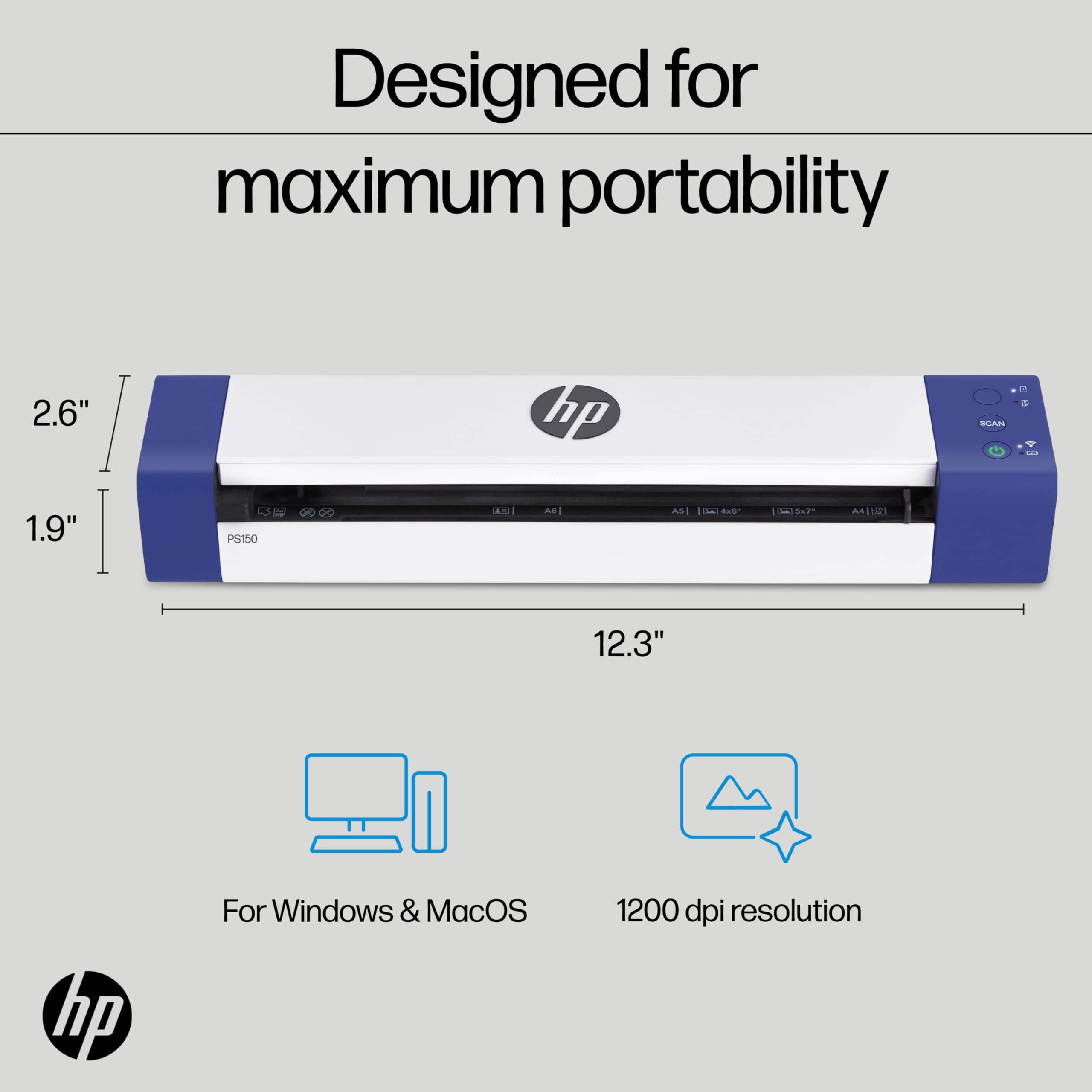 HP PS150 Portable Document Scanner | Compact, Portable, Wireless Digital Scanner with Duplex Mode for Home & Office | Rechargeable, USB & Wi-Fi Direct, Compatible with Mac & Windows PC and Laptop