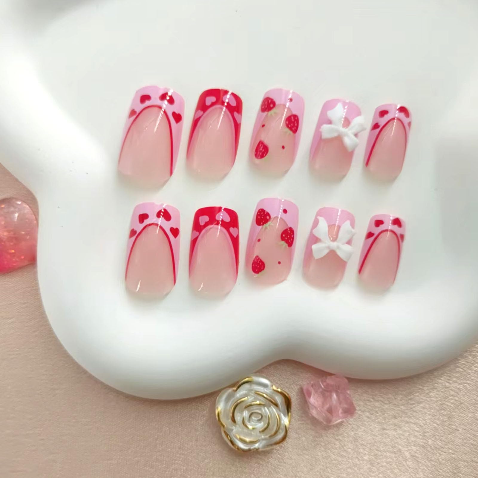 Press on Nails Medium Square With Bow Strawberry Designs Pink French Tip Red Acrylic Nude False Heart Stick on for Women 24Pcs - Image 5