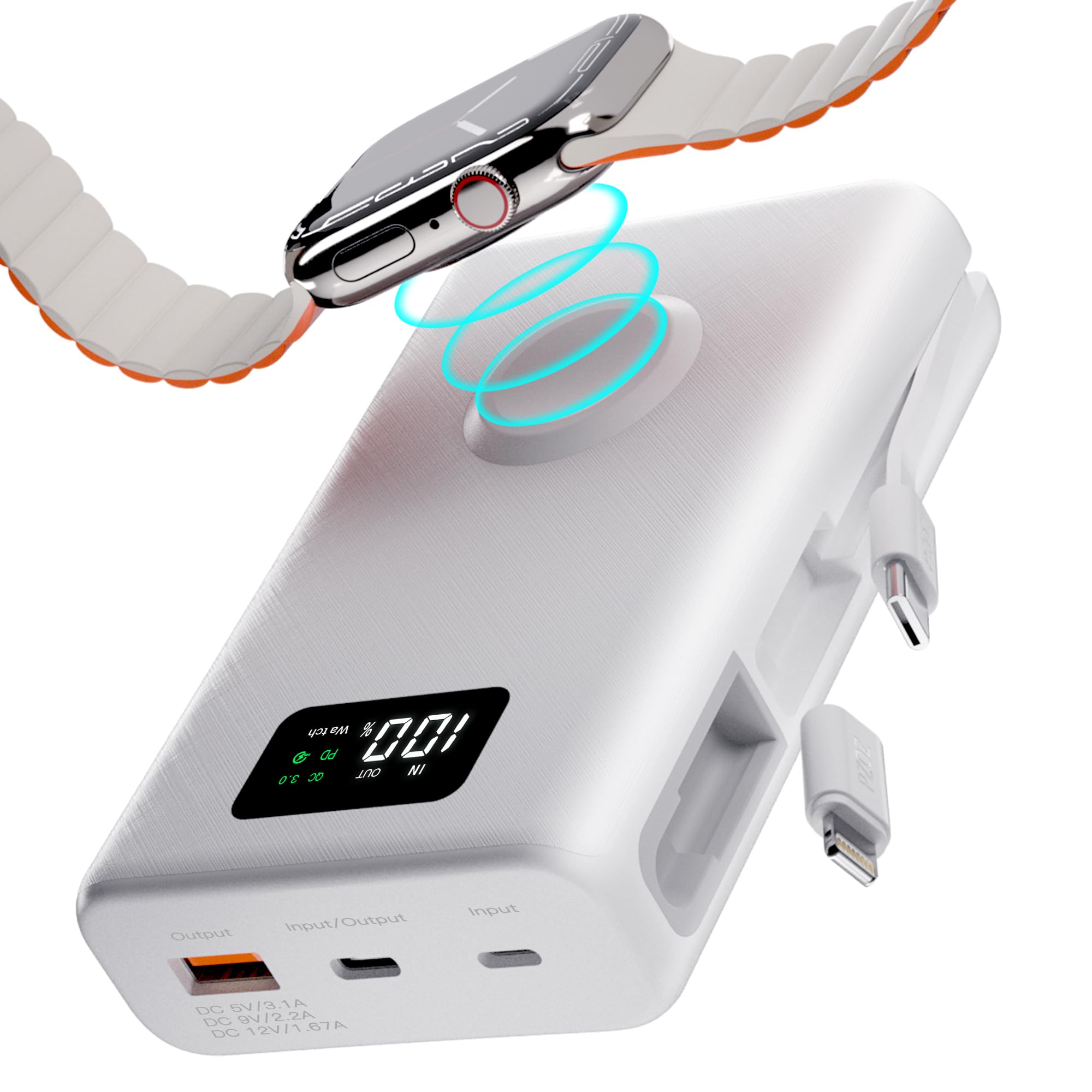 Photo 1 of pzoz 20000mAh Portable Power Bank Powerbank Battery Pack with Apple Watch Magnetic Wireless Charger,USB Type C PD Fast Charging Cable Travel High Capacity Compatible iWatch iPhone 17 16 15 (White)