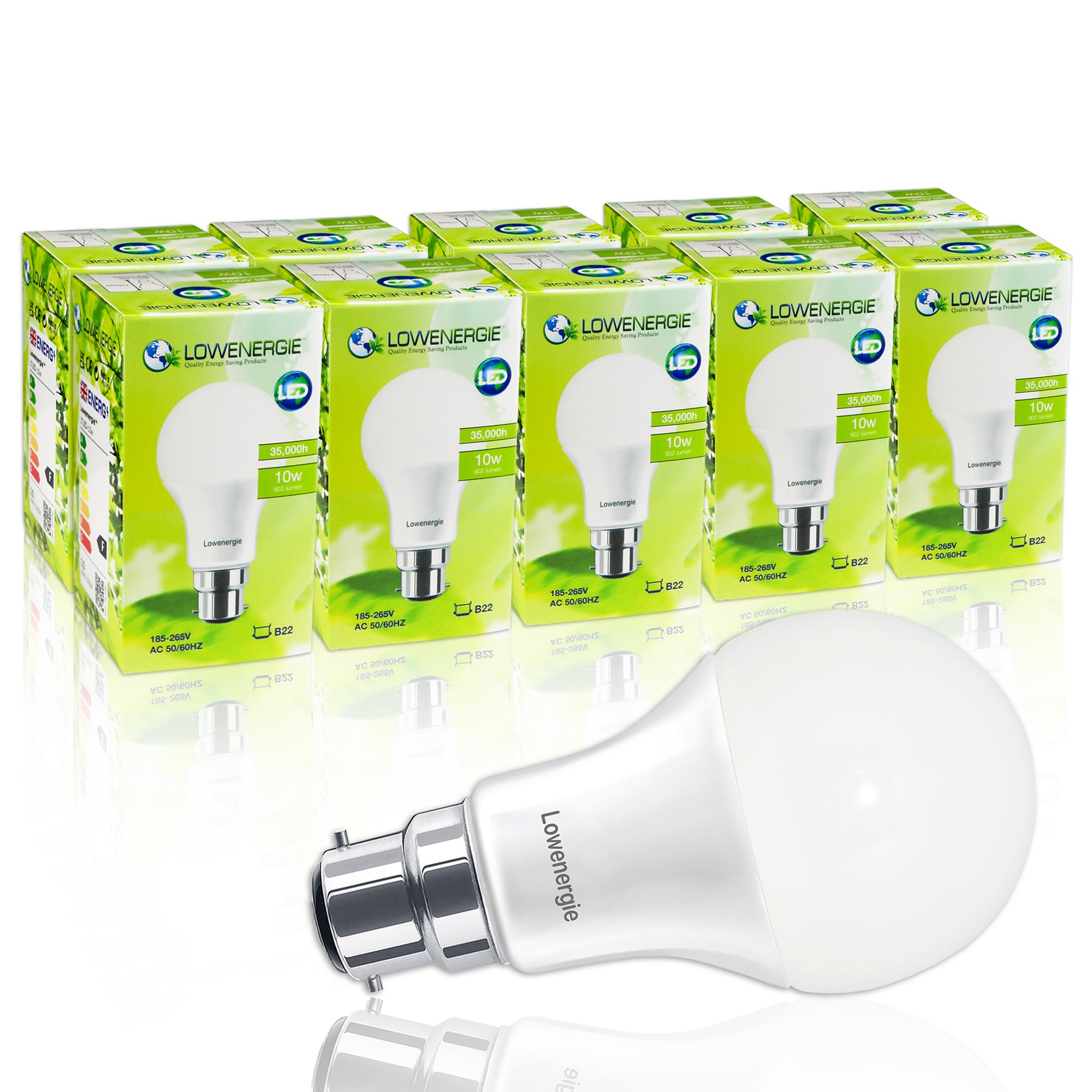 LOWENERGIE LED Light Bulbs 10W B22 Bayonet Cool White 4000K A60 GLS Lamps – Pack of 10, 75W Equivalent Energy-Saving Lighting [Energy Class F]