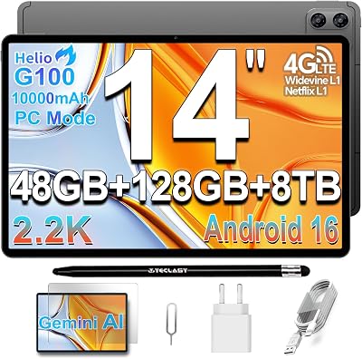 T70PRO Tablet 14" 2.2K Gaming Tablets Android 16, Helio G100 2.2GHz Octa-Core, 10000mAh/18W, 4G LTE Dual SIM 5GWiFi, 48GB+128GB+8TB TF, Mode PC, Widevine L1/GPS/13MP/Gemini AI Tablet con Penna