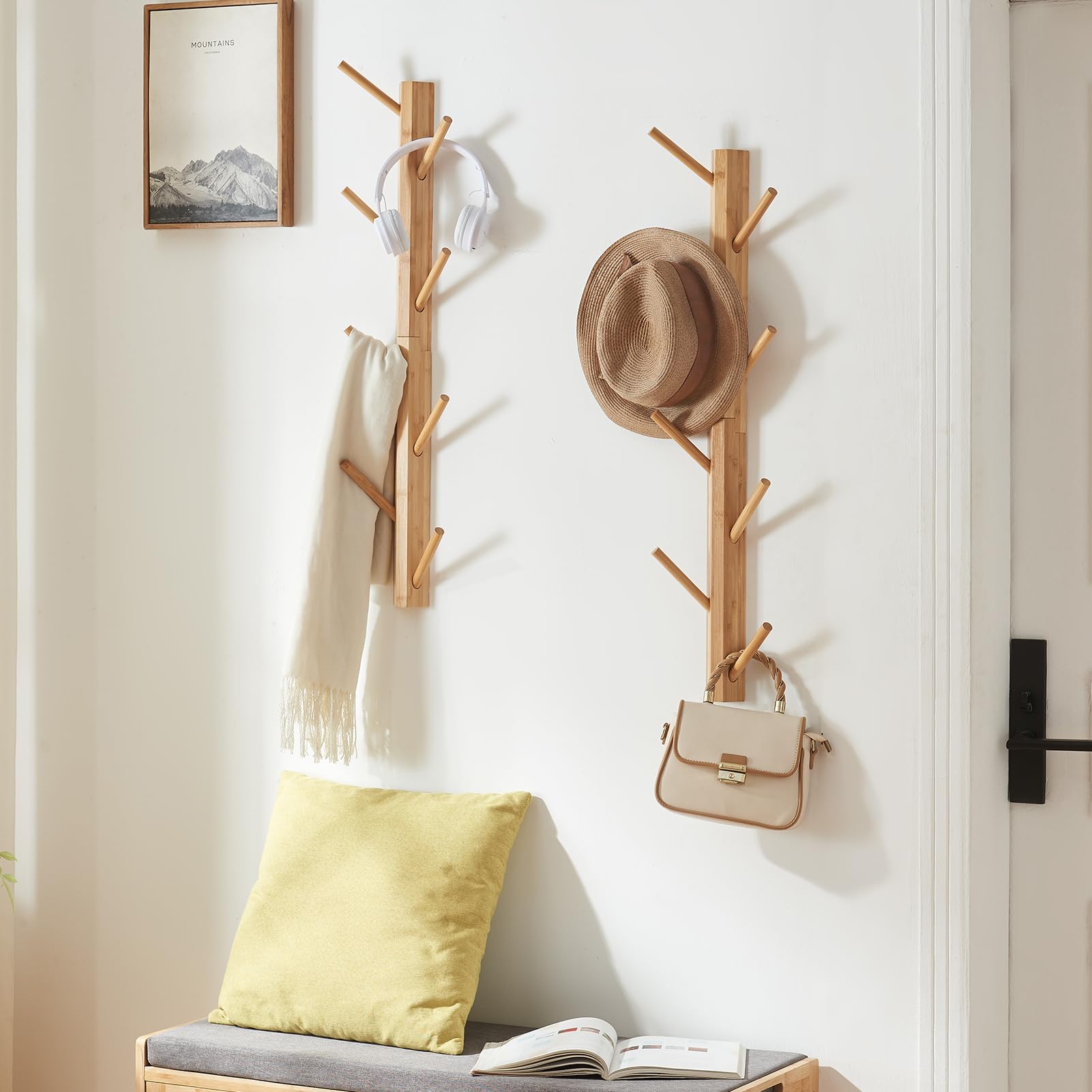 Photo 1 of TIOPGHAD 2 Pack Coat Rack Vertical Wall Mount, Bamboo Coats Hooks Clothes Holder Hanger for Wall Coat Hat Jacket Clothing Bathroom Robes Mudroom Entryway(Natural)