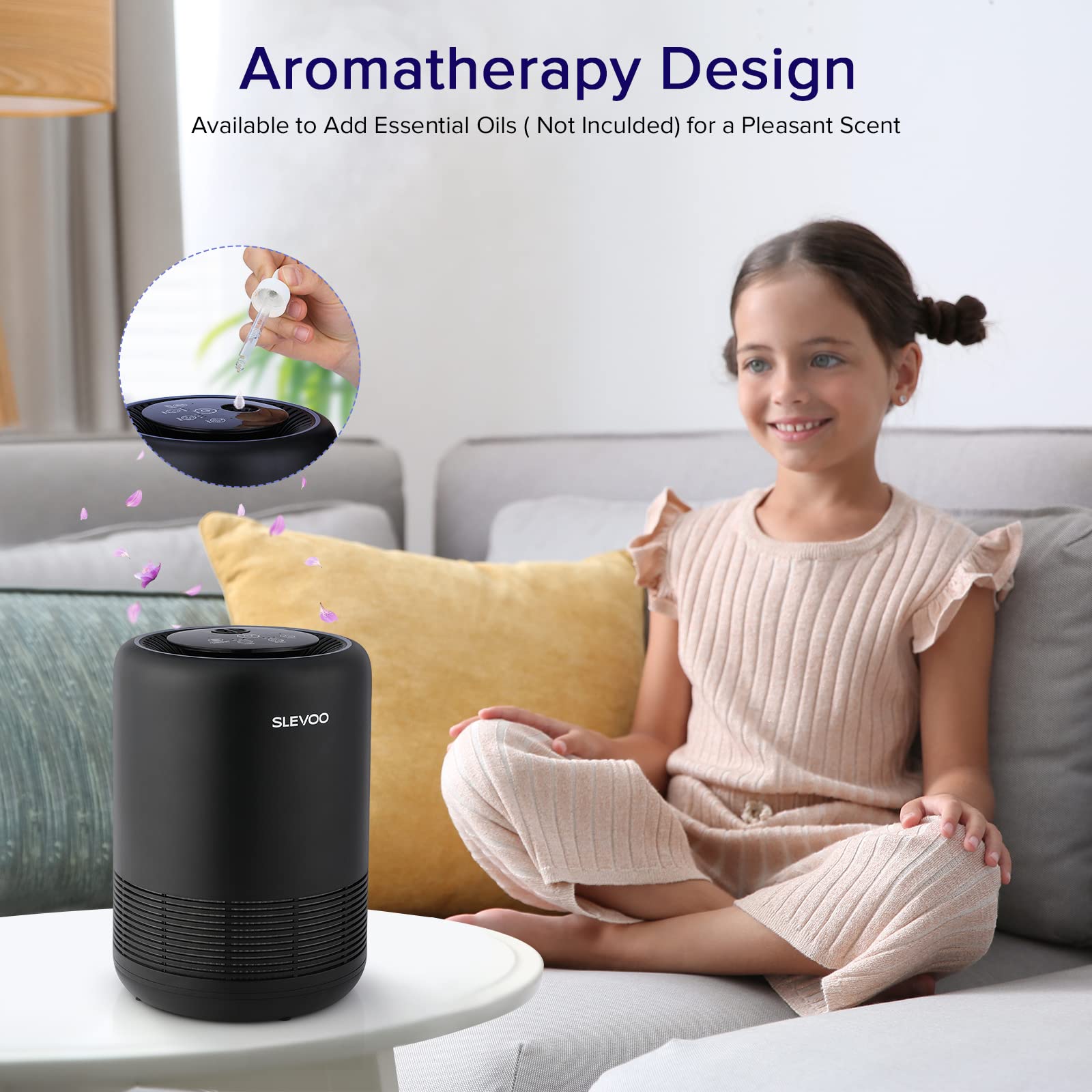 Air Purifiers for Bedroom Pets Smokers in Home, H13 True HEPA Filter Air Cleaner with Fragrance Sponge, Night Light, Timer, Effectively Clean Smoke, Dust, Pollen, Pet Dander, Odors, BS-01 Black