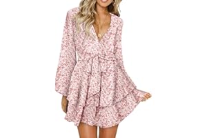 Dokotoo Womens 2024 Summer Spring V Neck Ruffle Chiffon Elegant Tie Knot Mini Short Swing Skater Dresses