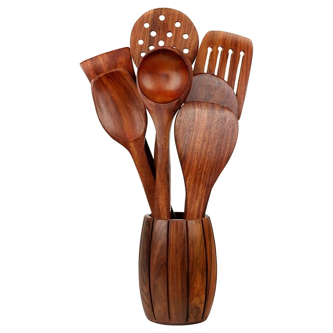 Buy WOOD ART STORE Wooden Spoon Set with Barrel Shaped Spoon Holder