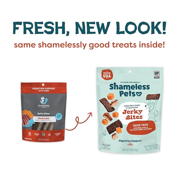 SHAMELESS PETS JERKY BITES TREATS, DUCK-TATO – HEALTHY DOG CHEWS FOR DIGESTION SUPPORT WITH FIBER – DOG TREATS WITH REAL CAGE-FREE DUCK – FREE FROM GRAIN, CORN & SOY – 1-PACK