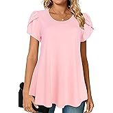 Afibi Womens Summer Crew Neck Loose Dressy Shirts Petal Short Sleeve Tunic Tops