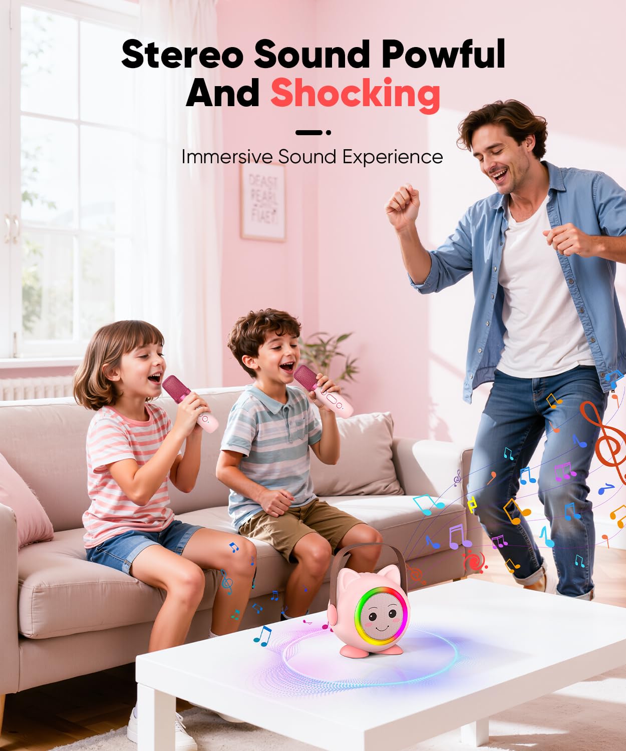 Mini Karaoke Machine Toy for Kids, Portable Karaoke Machine with 2 Wireless Microphone for 4,5,6,7,8,9,10,11,12+ Years Old Christmas Birthday Gifts Girls Boys (Pink)