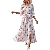 ANRABESS Womens 1/2 Sleeve Beach Wedding Guest Maxi Dresses 2026 Summer Wrap V Neck Boho Floral Flowy Slit Long Dresses