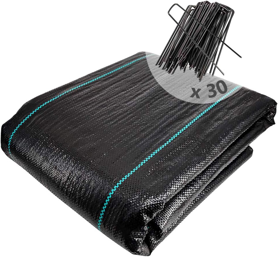 VOUNOT Weed Control Membrane 2m x 10m, with 30 Securing Pegs, Heavy Duty Weed Control Barrier Fabric