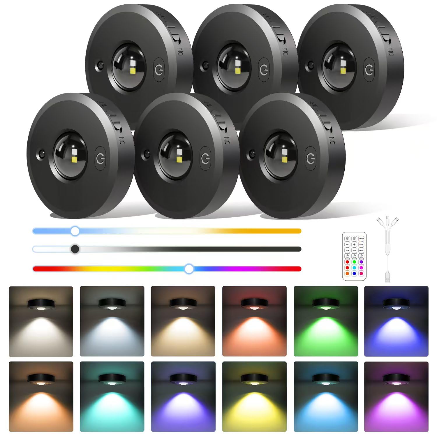 Photo 1 of Yesenlight Rechargeable Puck Lights with Remote - 6 Pack LED Under Cabinet Lighting, Color Changing, Dimmable, 1000mAh Battery Powered, Timer, Night Light, for Kitchen, Closet and More, Size: 2.56”